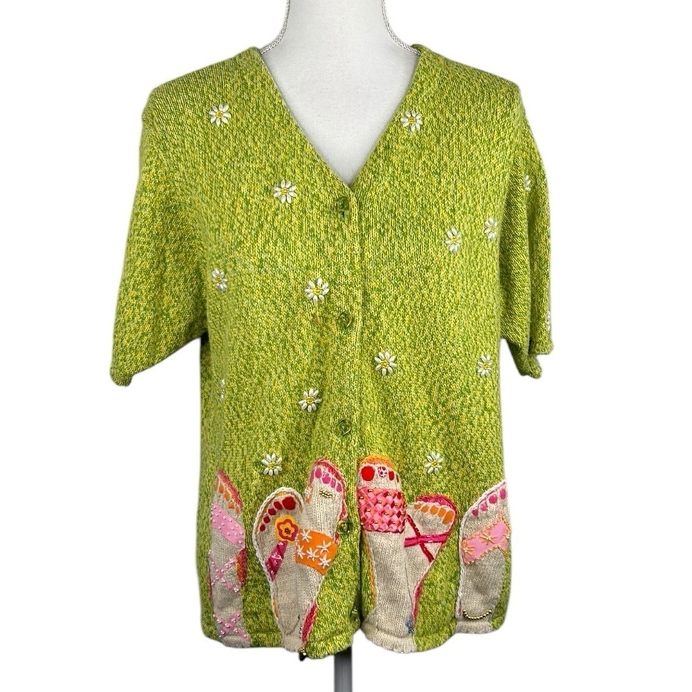 Fisher Hill Green Beaded Sandal Floral Embroidered Button Down Sweater Size XL